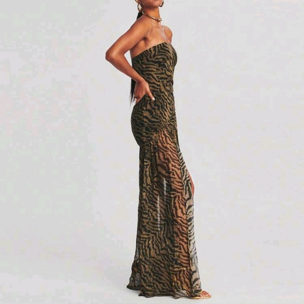 Women Tube Top Dress Slim Strapless Backless Mesh Patchwork Maxi Dress Leopard - Picture 4 of 9